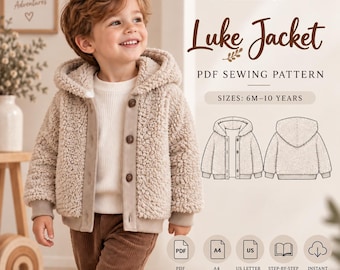 Patron de couture pour veste garçon, patron PDF de veste teddy à capuche pour enfant, patron de manteau polaire d'hiver pour tout-petit, facile à coudre, tailles 6 à 10 ans.