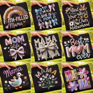 May include: A collection of black sweatshirts with embroidered designs. The designs include text like "Faith-Filled Mama," "She is Mom," and "Mind Your Own Motherhood." Other designs feature bows, hearts, and floral elements, all in various colors.