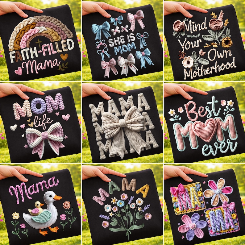 May include: A collection of black sweatshirts with embroidered designs. The designs include text like "Faith-Filled Mama," "She is Mom," and "Mind Your Own Motherhood." Other designs feature bows, hearts, and floral elements, all in various colors.