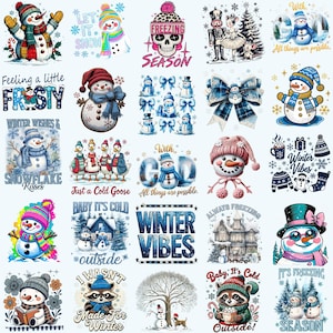 May include: A selection of winter-themed designs with snowmen, snowflakes, and winter phrases. Designs include "Let it Snow," "Winter Vibes," and "Baby It's Cold." The colour palette includes blues, reds, and whites, ideal for seasonal crafts.