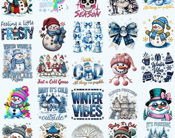 May include: A collection of winter-themed graphics featuring snowmen, snowflakes, and winter phrases. Designs include "Let it Snow," "Winter Vibes," and "Baby It's Cold." The color palette includes blues, reds, and whites, perfect for seasonal crafts.