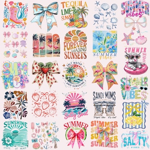 May include: A collection of colourful summer-themed digital designs featuring various images, including a watermelon, a cow, a flamingo, a bow, a sunset, a beach, and the words "Summer Vibes".