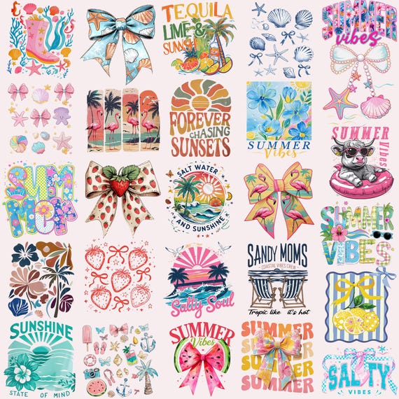 Retro Summer PNG Bundle Coquette Bow Summer Beach Vibes Tequila Sunshine Sandy Moms Chasing Sunsets Cute Trendy Summer PNG Shirt Designs