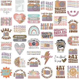 May include: A collection of colorful stickers and graphics with a photography theme. Designs include cameras, text like "I shoot people for fun," and phrases like "Born to shoot." The color palette includes pastel shades and leopard print accents.