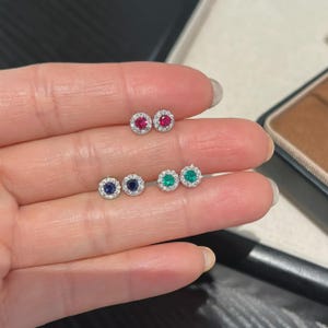 Halo Gemstone Stud Earrings, Ruby Sapphire Emerald Earrings, 925 Sterling Silver Studs, Minimalist Birthstone Earrings, Gift for Her