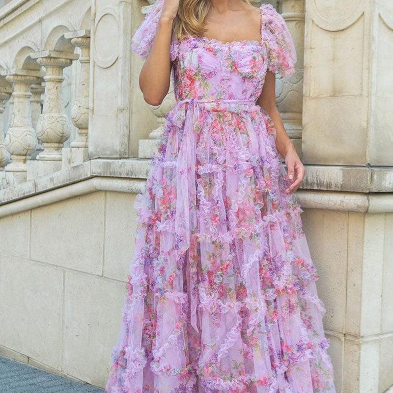 Floral Tulle Puff Sleeve Bow Tie Maxi Dress