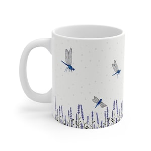 Mug 11oz, Lavender Dragonfly Mug, Hand Painted, Delicate Cottage Core Aesthetic, Nature Blue Dragonfly, Tea Cup Gift