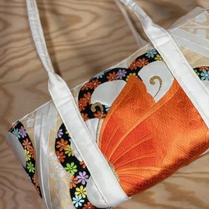 Upcycled Kimono Obi Handbag – Vibrant Orange Fan Motif | Handmade Vintage Nagoya Obi Purse | Japanese Traditional Fabric Tote Bag