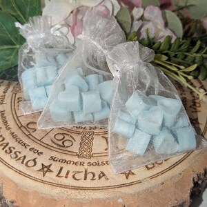 Peut inclure: Trois petits sacs en organza blanc transparent remplis de fondants parfumés en forme de cœur bleu clair. Les sacs sont disposés sur une tranche de bois décorative avec des textes et des symboles gravés, entourés de fleurs roses et blanches et de verdure.