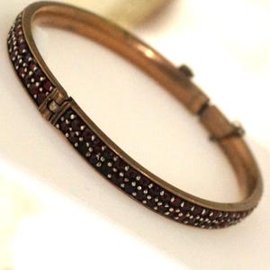 Antique Bohemian Garnet Bangle Hinged Bracelet. Victorian, with Deep Red Rose Cut Garnets,Czech garnets