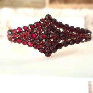 Antique Bohemian Garnet Bangle Hinged Bracelet. Victorian, with Deep Red Rose Cut Garnets,Czech garnets