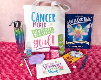 Cancer Tote Gift Set for Women & Teens. Personalized Coloring Book, Cancer Picked the Wrong Girl. Makes a great Chemo Gift