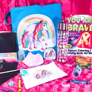 Unicorn Kids&#39; Cancer Tote Gift Set. Personalized Coloring and Activity Book for Kids with Cancer. Makes a great Kids&#39; Chemo Gift