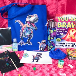 Dinosaur Kids&#39; Cancer Tote Gift Set. Personalized Coloring and Activity Book for Kids with Cancer. Makes a great Kids&#39; Chemo Gift