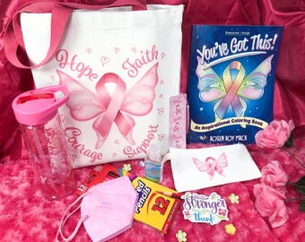 Women's Cancer Tote Gift Set. Personalized Coloring Book, Pink Butterfly. Makes a great Chemo Gift