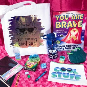 Cat Chameleon Kids&#39; Cancer Tote Gift Set. Personalized Coloring and Activity Book for Kids with Cancer. Makes a great Kids&#39; Chemo Gift