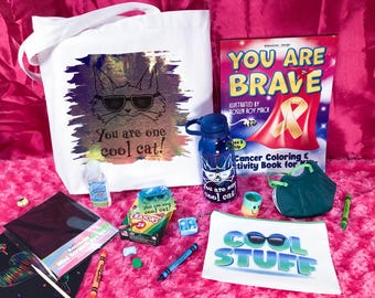 Cat Chameleon Kids' Cancer Tote Gift Set. Personalized Coloring and Activity Book for Kids with Cancer. Makes a great Kids' Chemo Gift