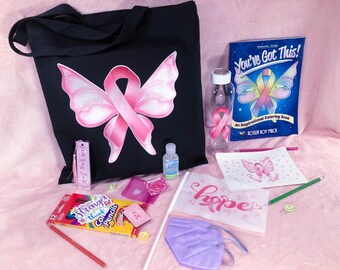 Large Cancer Tote Gift Set for Women & Teens. Personalized Coloring Book, Pink Butterfly Satin Design. Makes a great Chemo Gift