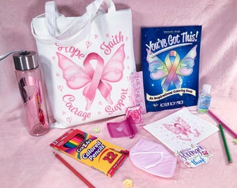 Cancer Tote Gift Set for Women & Teens. Personalized Coloring Book, Pink Butterfly Design. Makes a great Chemo Gift