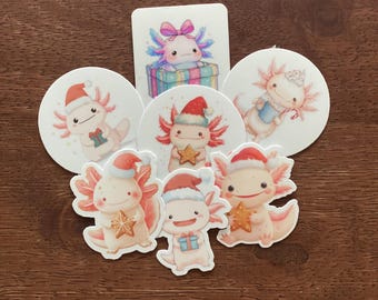Cute Axolotl Christmas Stickers – Kawaii Holiday Waterproof Vinyl Stickers – Axolotl Gifts for Kids, Teens, Planners & Scrapbooks