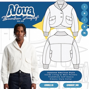 May include: A white bomber jacket with a kimono-style collar, two front flap pockets, and ribbed cuffs. The design includes a front and back technical sketch, size options from S to 2XL, and text reading Nova Bomber Jacket Tokyo, Japan.