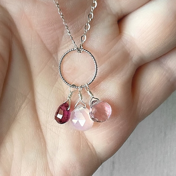 Ombre Pink Tourmaline Briolette Pendant, Rose Quartz Pink Tourmaline Necklace in Silver, Elegant Boho Style, Wirewrapped Jewelry Gifts
