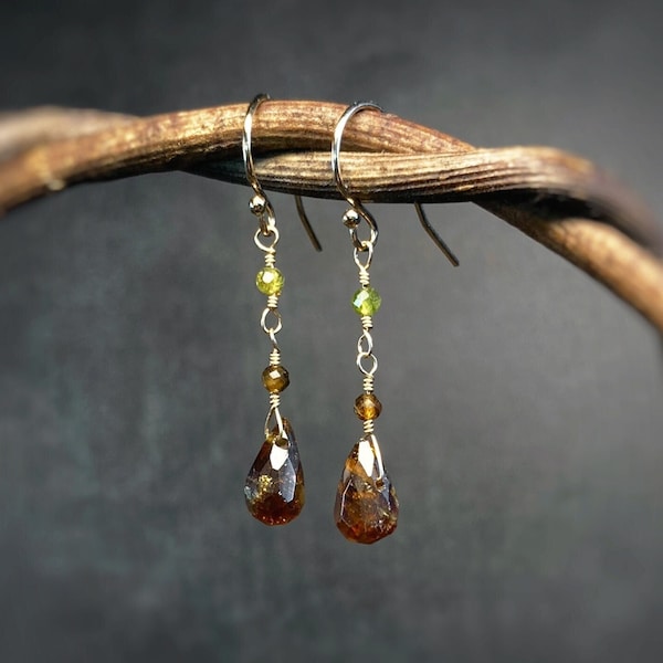 Boho Chic Brown & Green Tourmaline Dangle Earrings - Rustic Faceted Drops Wire-Wrapped in 14K Gold Fill - Unique Handcrafted Gift for Her