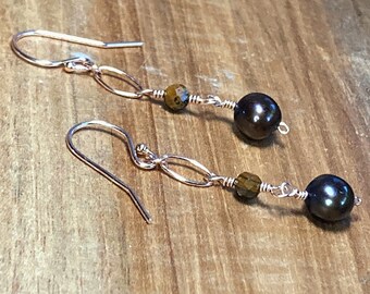 Rose Gold Wirewrapped Dangle Earrings - Chocolate Brown Pearl & Tiger's Eye Accent Beads, Rustic Brown and Black Minimal Boho Stone Jewelry