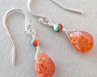 Sunstone Dangle Earrings with Ocean Jasper Accent Sterling Silver or Gold Fill Gemstone Drops