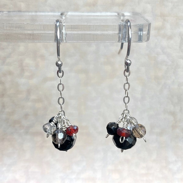 Black Onyx Earrings with Garnet, Smoky Topaz, and Gray Sapphire - Elegant Wirewrapped Silver Dangle Jewelry for Women