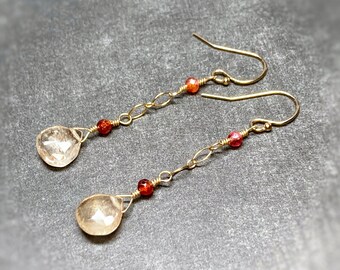 Rustic Elegant Earrings, Imperial Topaz Briolette Spinel Gemstone Jewelry, Gold Fill Chain Dangle Earrings, Stylish Trendy Ear Accessories