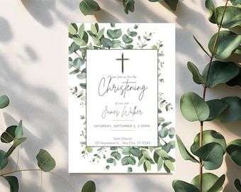Christening Invitation Template, Botanical Christening Invite, Eucalyptus Greenery Christening Invitation, Editable Template