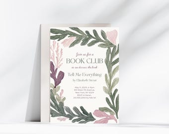 Mauve and greenery vines Book Club Invitation, Printable Book Club Invitation, Canva Book Club Template, Instant Download, Book Party Flyer