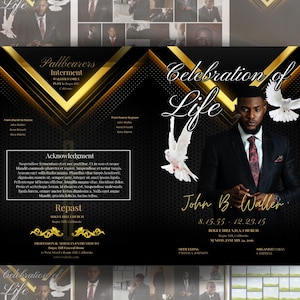 Funeral Memorial program, 8 pages, 8.5x11 inch, elegant black Funeral Program, Celebration of Life, Keepsake Digital Download Canva Template