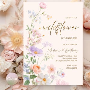 Editable Floral 1st Birthday Invite Wildflower Birthday Party Invite Template Garden Party Birthday Girl Birthday Flower Card Wildflower