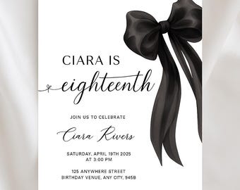 Invitación minimalista para el 21.° cumpleaños / Diseño elegante en blanco y negro / Invitación coqueta con lazo negro / Descarga instantánea / Lazo negro digital