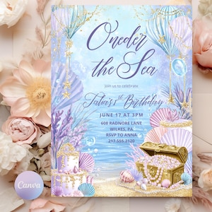 Oneder the Sea Birthday Invitation Printable, Under the Sea Editable Template, 1st Birthday Invite, Ocean Animals Girls Under the Sea Invite