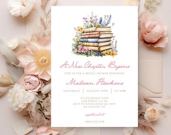 A New Chapter Bridal Shower Invitation Template | Editable Her Next Chapter Begins Wedding Shower Invite | DIY Book Invitation Library Bride