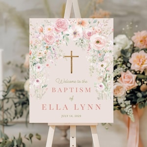 Pink Watercolor Floral Baptism Welcome Sign, Pink Baptism Welcome Sign, Editable Baptism Welcome Sign, Girl Pink Baptism Welcome Sign Canva