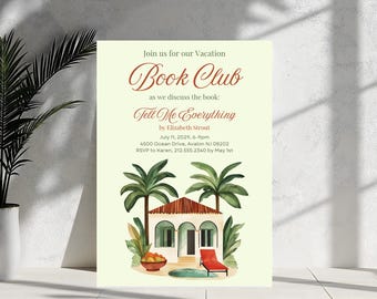 Tropical Vacation Book Club invitation, Printable Book Club Invitation, Canva Book Club Template, Instant Download, Book Party Flyer