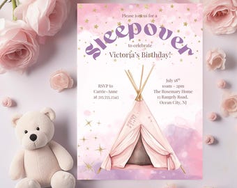 Sleepover Birthday Minimalist Invitation Set Slumber Party Invite Girl Pajama Party Glamping Tent Digital Printable Editable Download Canva