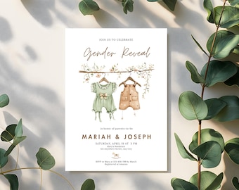 May include: A gender reveal invitation with watercolor illustrations of baby clothes. The invitation reads "Join us to Celebrate Gender Reveal" and includes the names Mariah & Joseph, date, time, and location.