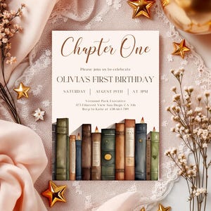 One for the books, Book Birthday Invitation, Book Themed Birthday Party, Library Theme Party Invite, Editable Instant Download, Chapter One