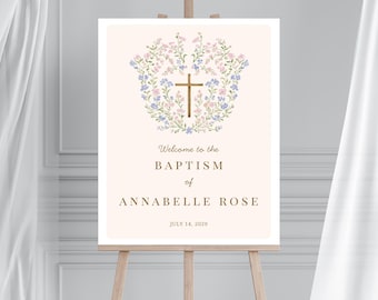 Bloemen kruis meisjes doopbord afdrukbaar, doop gebed kunst wilde bloemen doop cadeau, gepersonaliseerde doop cadeau meisje, doop welkom