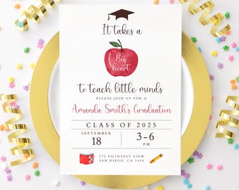 Teacher Graduation Invitation, Editable Big Heart Teach Little Minds Grad Party Invitation, Educator School Invitation Template, Teacher
