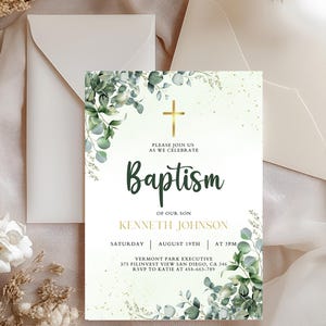 Electronic Baptism Invitation Template, Greenery Baptism Invite, Christening Evite, Digital Baptism Invitation, Baptism Phone Invite Canva
