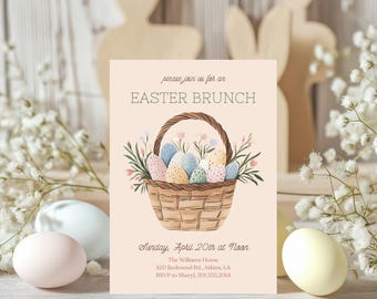 Basket of Pastel Easter Eggs Brunch Invitation Easter Invitation, Easter Egg Hunt Invitation, Editable, Instant Download
