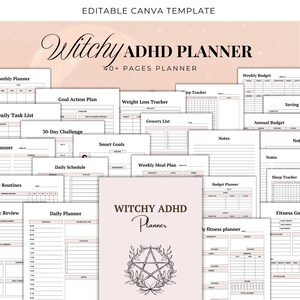 Op de afbeelding: Een verzameling afdrukbare plannerpagina's met een roze en witte kleurstelling. De omslag van de "Witchy ADHD Planner" heeft een pentagramontwerp. Bevat pagina's voor doelen stellen, budgetteren en dagelijkse planning. De tekst "EDITABLE CANVA TEMPLATE" staat bovenaan.