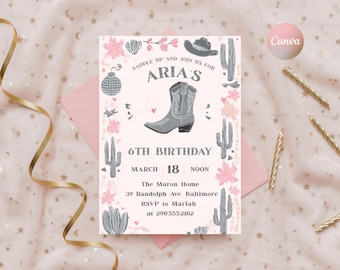 Invitación de cumpleaños de vaquera rosa, invitación editable para fiesta de rodeo disco, plantilla de vaquera rosa, fiesta de Nashville, baile, descarga instantánea, Canva