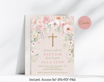 Pink Watercolor Floral Girls Baptism Invitation Template, Printable Floral Baptism Invite, Girl Baptism Invitation, Christening Invite Canva